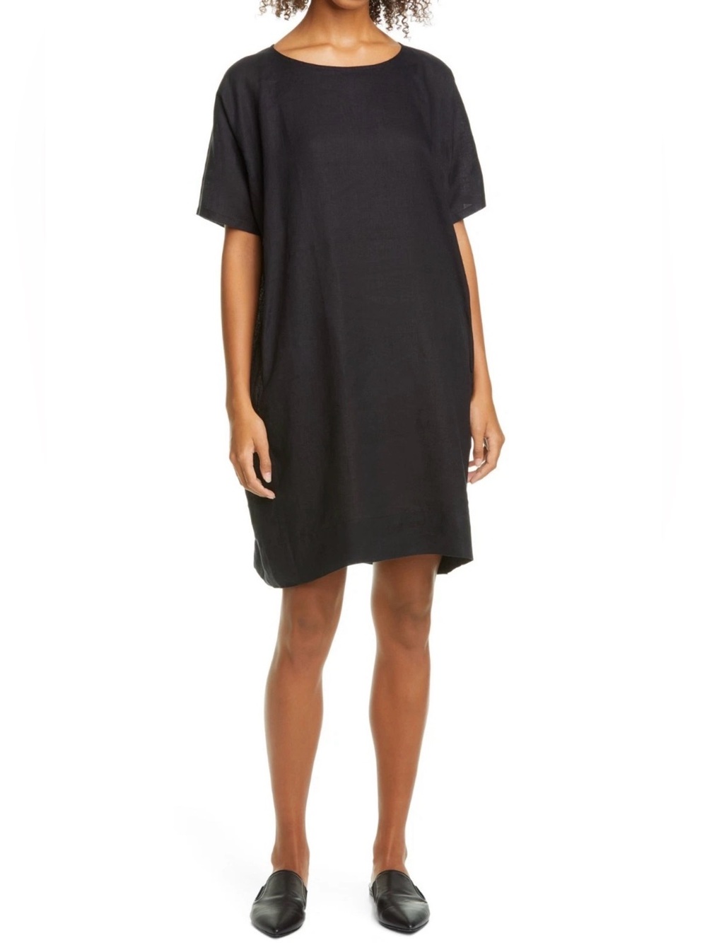 Eileen Fisher Organic Handkerchief Linen Shift Midi Boxy Dress Short Sleeve S